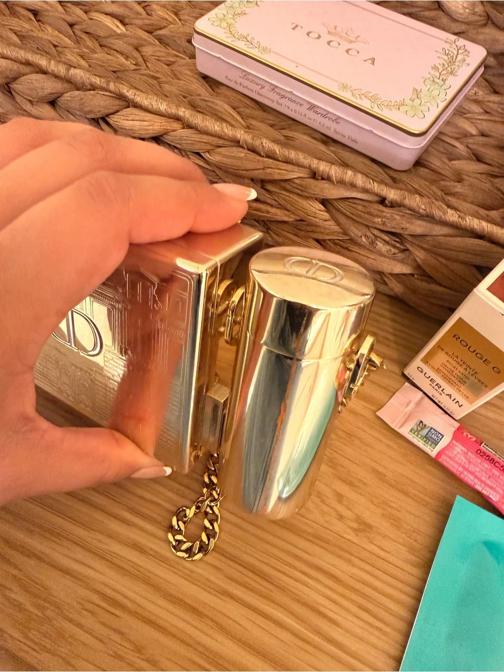Dior Metallic Gold Box Clutch with Cylindrical Accent and Chain